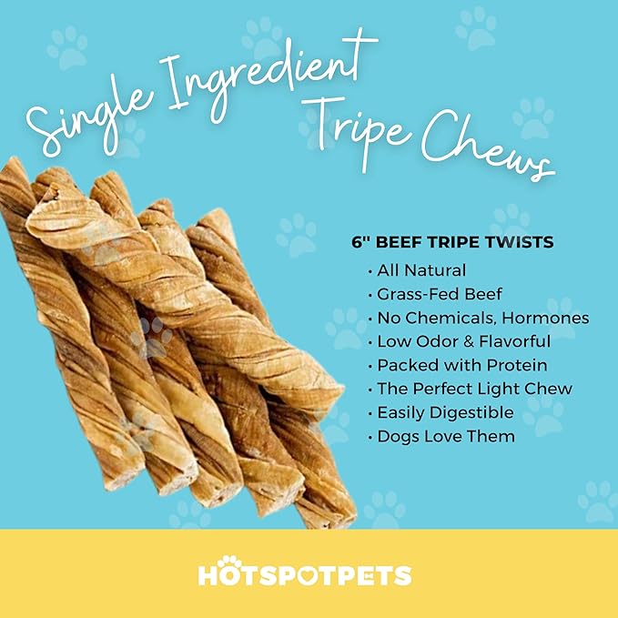 hotspot pets Tripe Twists for Dogs - Premium All Natural Beef Sticks - Single Ingredient Crunchy Dog Chew Treats - Rawhide Free -6 Inch Dog Treats