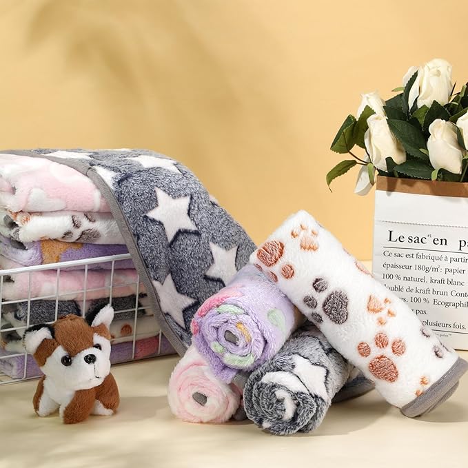 Chumia 40 Pcs Blankets Soft Fluffy Fleece Washable Pet Dog Sleep mat Paw Print Pattern Fleece Blankets for Pets Throw Warm Bed Mat for Dog Puppy Cat(24 x 16 Inch,Grey)