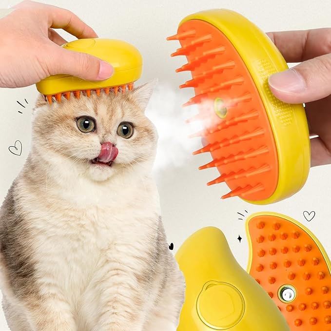 3 In 1 Silicone Pet Brush with Steaming Function - Self-Cleaning Cat Grooming Tool for Massage and Detangling (Yellow by Cat Steamy Brush)