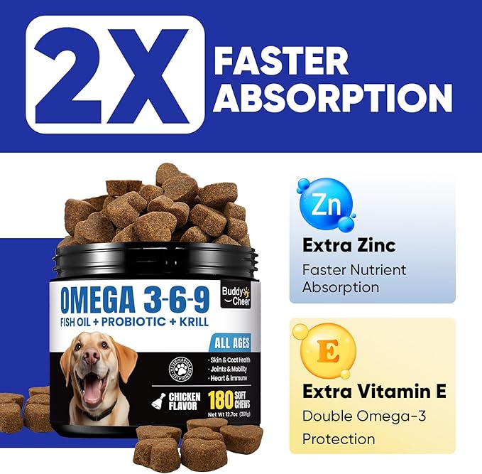 Fish Oil for Dogs – Dog Fish Oil Supplement with Salmon Oil from 8 Deep-Sea Fish, Rich in DHA & EPA for Skin & Coat Health, Allergy Relief, MSM, Plus Probiotics for Gut – 180 Soft Chews