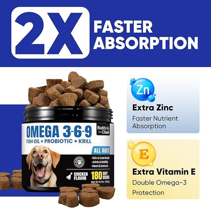 Fish Oil for Dogs – Dog Fish Oil Supplement with Salmon Oil from 8 Deep-Sea Fish, Rich in DHA & EPA for Skin & Coat Health, Allergy Relief, MSM, Plus Probiotics for Gut – 180 Soft Chews