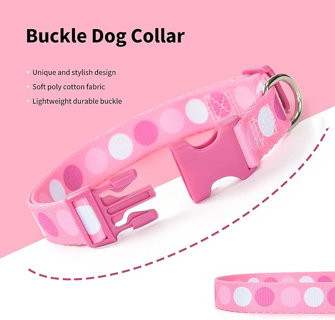 Mile High Life Dog Collar | Cute Puppy Collars | Lightweight Girl Dog Collar | Soft Boy Dog Collars | w Geometric Plaid Wave Line Pattern (Pink Big Dots, Large)