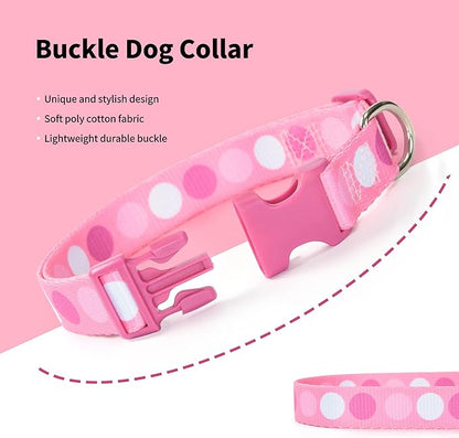 Mile High Life Dog Collar | Cute Puppy Collars | Lightweight Girl Dog Collar | Soft Boy Dog Collars | w Geometric Plaid Wave Line Pattern (Pink Big Dots, Large)