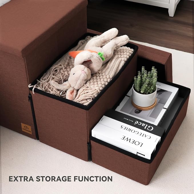 Dog Stairs with Storage 17.5" H, 3-Step Wider Dog Steps for Small/Medium/Large Dogs Cats, Folding Sturdy Pet Stairs Climbing Bed or Sofa, Dog Ramp for Car Hold Up to 200 lbs (Brown, No Condo)