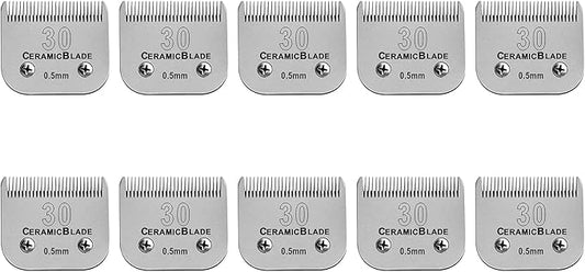 10 Pack Detachable Pet Dog Clipper Blades, Compatible with Andis Size 30 Cut Length 1/50"(0.5mm),Most Oster A5,Wahl KM10 Series Clippers,Made of Ceramic Blade & Stainless Steel Blade