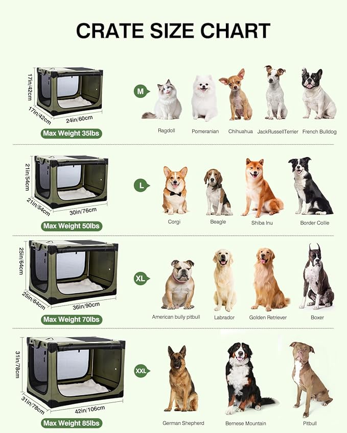 24 Inch Collapsible Travel Dog Crate for Medium Large Dogs, Portable Dog Crate 4-Door Foldable Soft Kennel with Chew-Proof Mesh Windows for Indoor & Outdoor Travel,with Storage Bag,Green