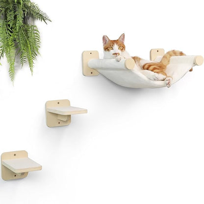 FUKUMARU Cat Wall Hammock with Two Steps Set, Modern Cat Climbing Shelves Furniture, Kitty Bed with Thickened Fabric for Sleep, Climb and Play