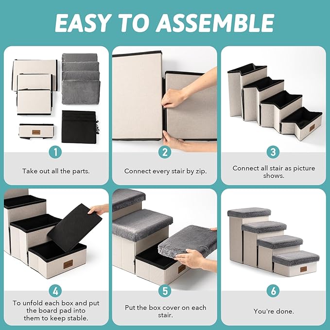 Dog Stair for Small Dogs with Storage, 17.7" H Foldable Pet Step with Soft Leakproof Cover, Older Cat Ramp for Couch Sofa Bed, Lightweight, Comfort, 33x13x17.7 inch, 4 Tiers Grey