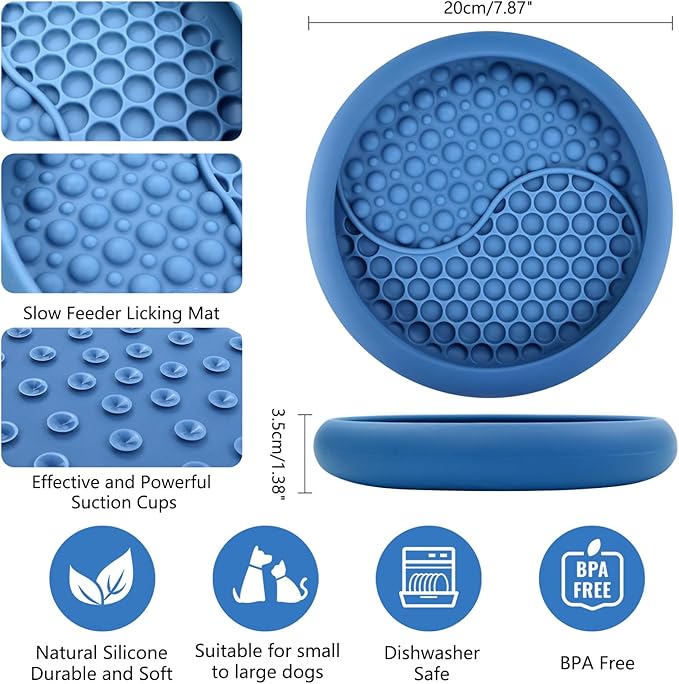 Dog Lick Bowl, Non-Slip Dog Slow Feeder Licking Mat Treat Dispenser, Interactive and Enrichment Toys, Boredom & Anxiety Reducer, BPA Free Silicone (Dark Blue, Large)
