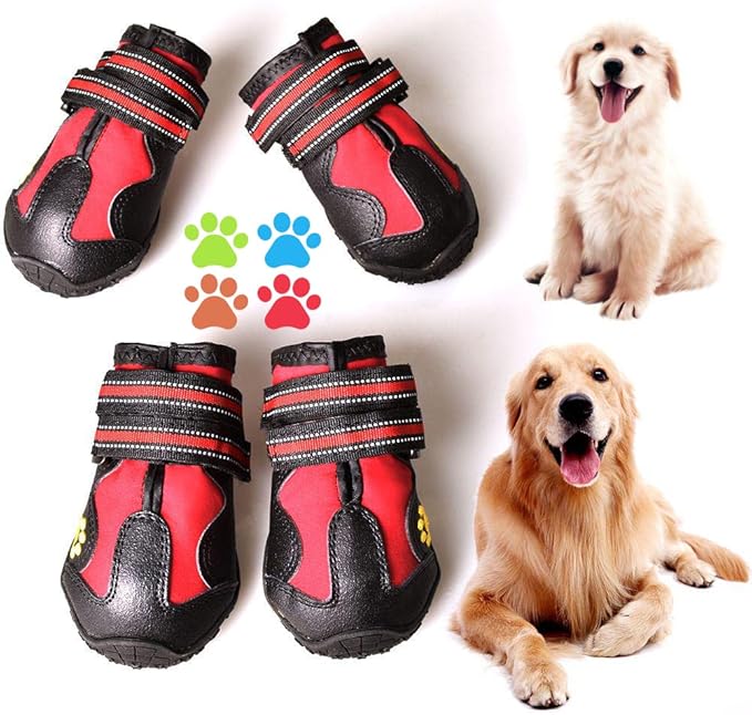 CovertSafe& Dog Boots for Dogs Non-Slip, Waterproof Dog Booties for Outdoor, Dog Shoes for Medium to Large Dogs 4Pcs with Rugged Sole Black-Red