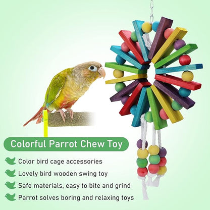 Parrot Hanging Chew Toy Bird Bite Swing with Colorful Wood Beads Bells for Parrot Macaw African Greys Cockatiels Cage Accessories (Colorful Wood Toy)