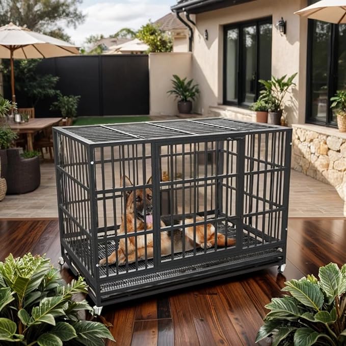 54/48/42/38 Inch Heavy Duty Dog Crate Cage with Wheels, Indestructible and Escape Proof Steel Kennel Indoor for High Anxiety Dogs with Sturdy Locks, Double Door and Tray, Extra Large XL XXL