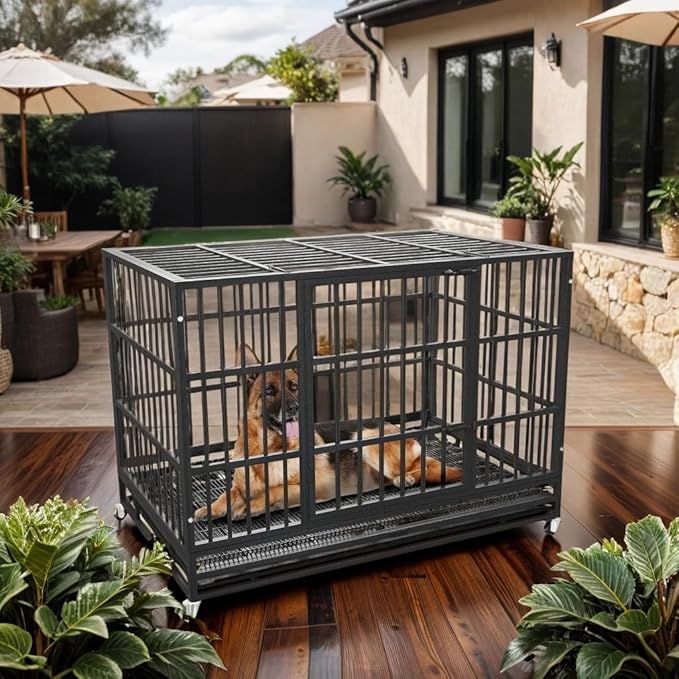 54/48/42/38 Inch Heavy Duty Dog Crate Cage with Wheels, Indestructible and Escape Proof Steel Kennel Indoor for High Anxiety Dogs with Sturdy Locks, Double Door and Tray, Extra Large XL XXL