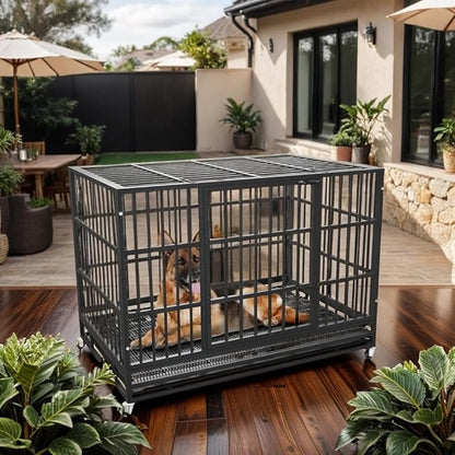 54/48/42/38 Inch Heavy Duty Dog Crate Cage with Wheels, Indestructible and Escape Proof Steel Kennel Indoor for High Anxiety Dogs with Sturdy Locks, Double Door and Tray, Extra Large XL XXL