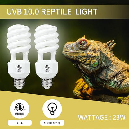 LUCKY HERP 2 Pack UVA UVB Reptile Light, 23W 10.0 UVB Bulb for Desert Reptiles, Compact Fluorescent Terrarium Lamp, Reptile UVB Bulb for Bearded Dragon, Lizard, Tortoise