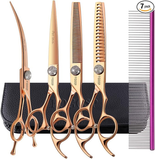 7'' Dog Grooming Scissors Set Rose Gold Titanium 4PCS Curved Thinning Straight Chunkers Shears Kit with White Artificial Diamonds Ergonomic Offset Handle Japan 440C Sharp and Durable