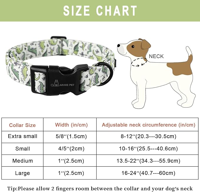 ARING PET Dinosaur Dog Collar-Cute Dog Collar for Small Dogs, Adjustable Comfortable Cotton Boy Dog Collars for Small Medium Large Dogs, Small