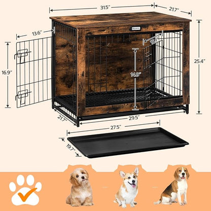 HOOBRO Dog Crate Furniture, 32.5" Medium Dog Kennel Indoor, Wooden Cage with Pull-Out Tray, Double Doors Pet House Side End Table for Medium/Small Dogs, Rustic Brown BF802GW03G1