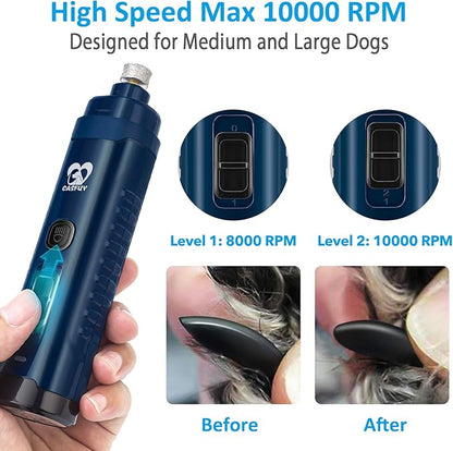 Casfuy Dog Nail Grinder with 2 LED Light - 4.8V Super Powerful 2-Speed Electric Pet Nail Trimmer for Medium Large Dogs Quiet Rechargeable Painless Paws Grooming & Smoothing Tool (Dark Blue)