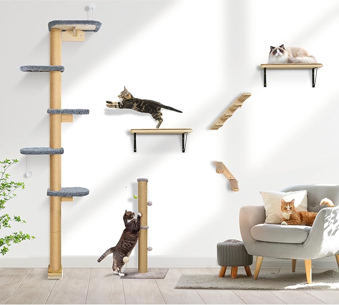 Cat Wall Shelves for Kittens, 83” Floor to Ceiling Cat Tree with Grey Plush Pads, Adjustable Wild Simulation Climbing Tree, Wall-Mounted Cat Tower with Scratching Post for Play, Climb & Scratching