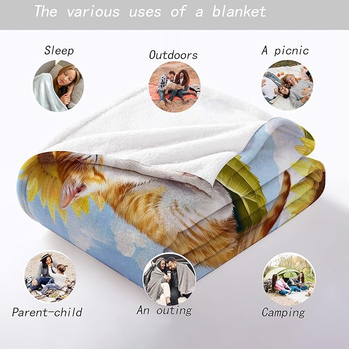Sunflower Slumber Cat Throw Blanket - Ultra Soft, Cozy, Lightweight Flannel - Warm, Plush, Fuzzy Decor for Couch, Office, Travel - Fluffy, Cute Cat and Flower Design 40×50 Inch