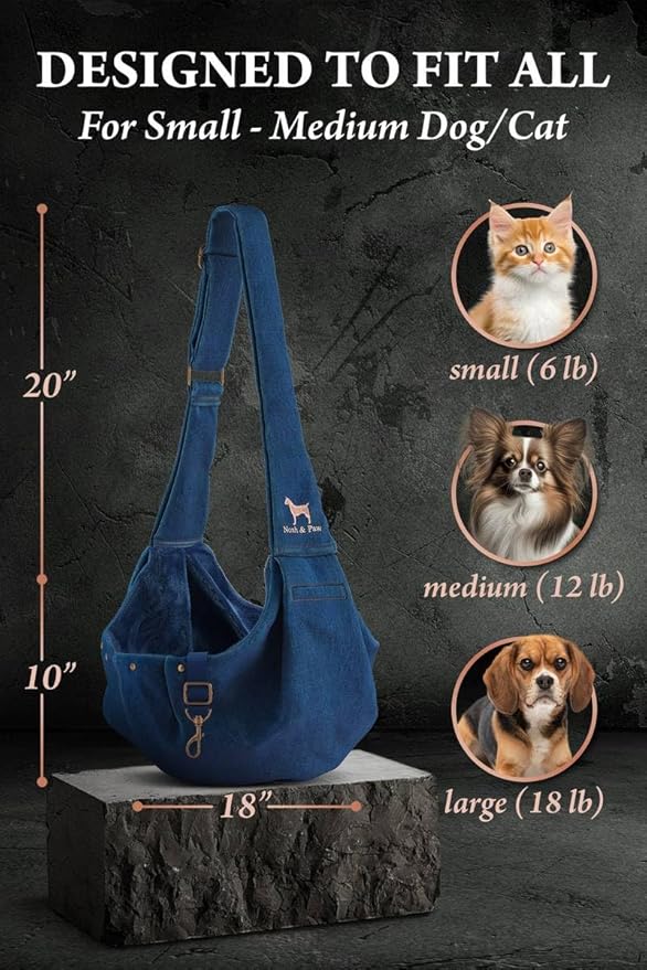 Noah & Paw Dog Sling Carrier for Small Dogs 5-18lb, Dog Sling for Small Dogs and Cats, Dog Carrier with Adjustable Padded Strap, Premium Denim, Lined with Fur, Double Safety Feature, Machine Washable