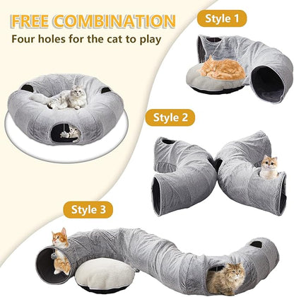 Cat Tunnel Bed for Indoor Cats - Cute Cat Donut Tunnel with Washable Circle Cushion, Round Pet Play Tunnel Toy for Kitten/Puppy/Rabbit,Grey