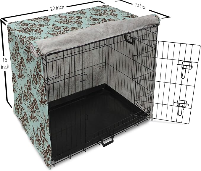 Ambesonne Art Nouveau Dog Crate Cover, Vintage Swirls Vibrant Foliage Damask Style Classic Renaissance, Easy to Use Pet Kennel Cover for Small Dogs Puppies Kittens, 22 Inch, Seal Brown and Pale Blue