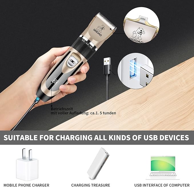 Dog Grooming Kit, Dog Clippers for Grooming for Heavy Thick Hair&Coats/Low Noise Rechargeable Cordless Hair Trimmer/Pet Shaver with Paw Trimmer for Small & Large Dogs Cats