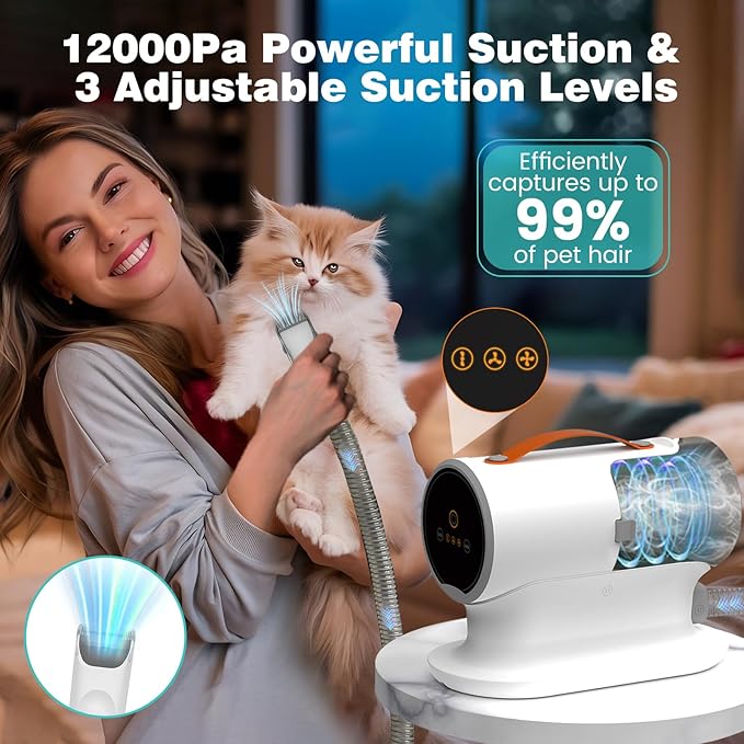 Dog Hair Vacuum & Dog Grooming Vacuum, 12000Pa Strong Pet Grooming Vacuum, 2L Large Capacity Dog Vacuum for Shedding Grooming, Pet Hair Grooming Trimming, Quiet, 5 Pet Grooming Tools