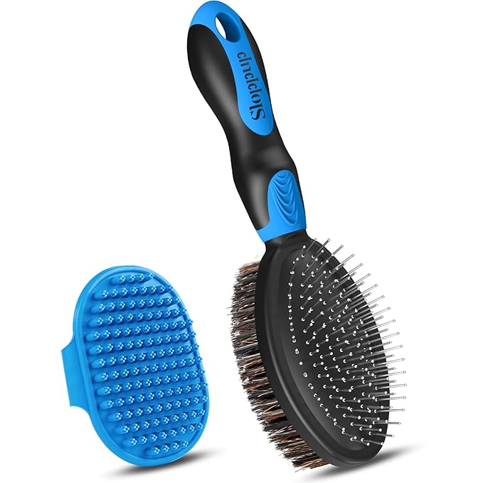 2PCS Dog Grooming Tools - Double-Sided Bath Brush for Shedding and Bathing, Suitable for Short/Long Haired Dogs, Premium Pet Supplies (Black Blue)