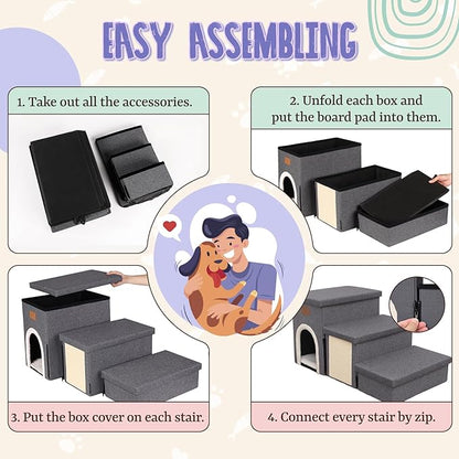 downluxe Dog Stairs for Small Dogs, Foldable Dog Steps for Bed, Sofa and Chair, Non-Slip Pet Steps with Cat Scratcher and Condo (3-Step Pet Stairs, Dark Grey)