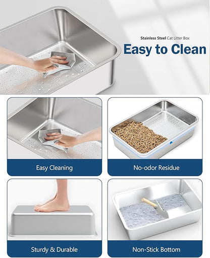 Stainless Steel Sifting Litter Box with Lid, Metal Litter Pan with Scoop for Big Cats Multi Cat, Extra Large Cats Litterbox Odor Control Easy Clean (24 * 16 * 12inch-with Enclosure, X-Large)