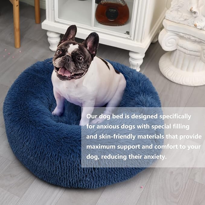 Puppy Bed for Calming Dog 23 Inches Navy Blue Anti-Anxiety Donut Dog Bed for Small Medium Dogs Washable Fuzzy Dog Bed Fits up to 15 lbs Pets Beds for Small Dog