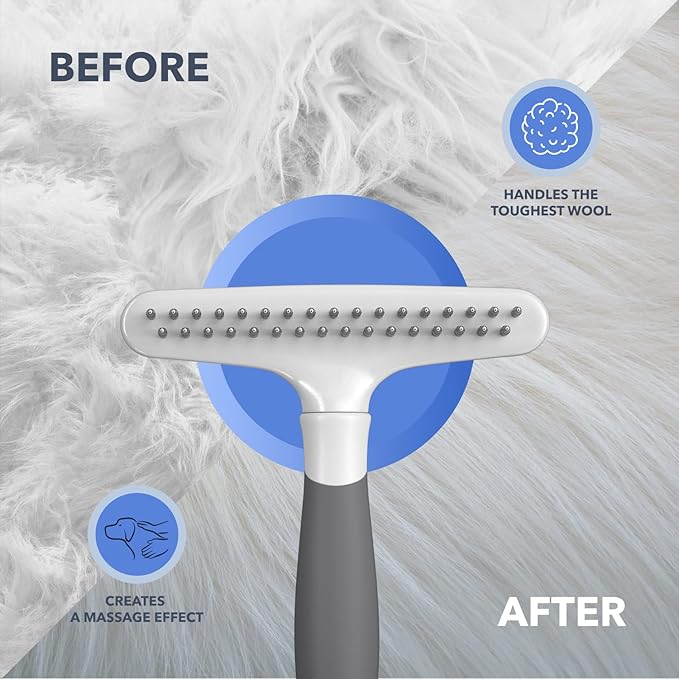 Dog rake deshedding dematting Brush Comb - Undercoat rake for Dogs, Cats, matted, Short,Long Hair Coats - Brush for Shedding, Double Row Stainless Steel pins - Reduce Shedding by 90% (White)