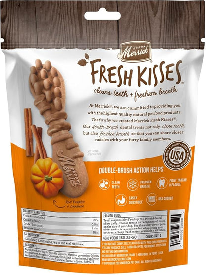 Merrick Fresh Kisses Natural Dental Chews, Treats Infused with Pumpkin and Cinnamon for Medium Dogs 25-50 Lbs - 8.1 oz. Pouch
