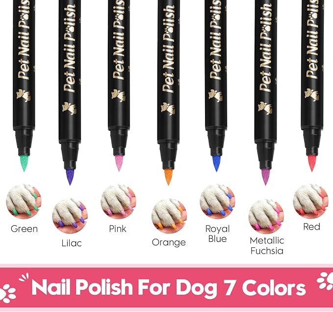 7 Colors Quick Dry Dog Nail Polish Kit Pet Safe Polish Pens for Puppy Nail Art & Paw Care Easy-Apply, Odorless Formula for Dogs & Cats