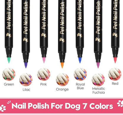 7 Colors Quick Dry Dog Nail Polish Kit Pet Safe Polish Pens for Puppy Nail Art & Paw Care Easy-Apply, Odorless Formula for Dogs & Cats