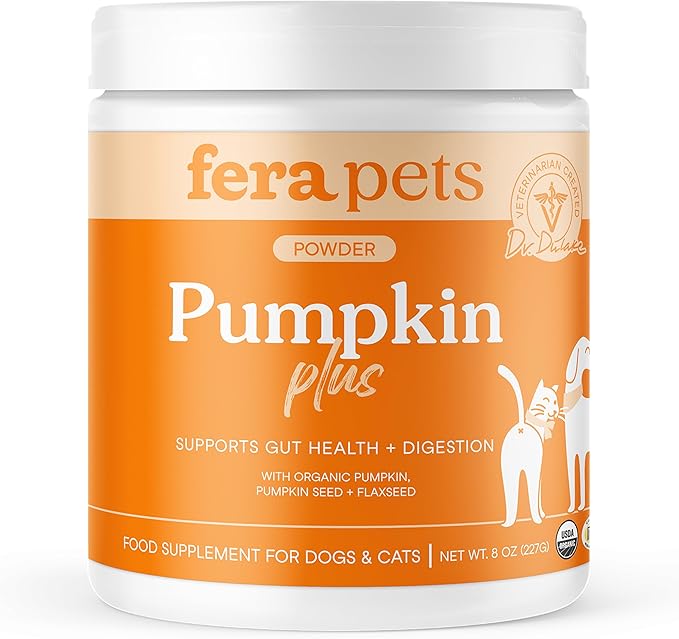 Fera Pets Cat & Dog Pumpkin Plus - Fiber Supplement - USDA Organic - Supports Gut & Digestive Health - Promotes Regularity - 7 Sources of Fiber - 90 Scoops