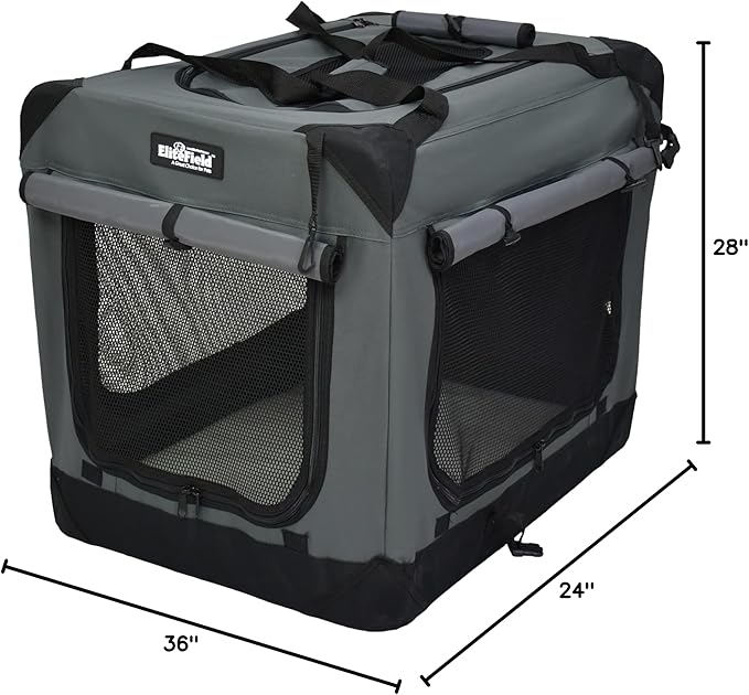 EliteField 4-Door Folding Soft Dog Crate with Curtains, Carrying Bag and Fleece Bed (2 Year Warranty), Indoor & Outdoor Pet Home (36" L x 24" W x 28" H, Gray+4 Door Curtains)