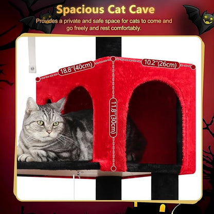 Globlazer Gothic Cat Tree Tower with Scratching Post for Indoor Cats, 53inch Tall Plush Multi-Level Cat Climbing Tower Condo with Large Hammock, Spacious Cat Cave, Padded Top Perch, F53, Red Black