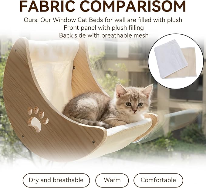 Cat Window Perch Hammock Bed for Indoor Cats Wooden Moon Cat Shelves with Strong Suction Cup Cat Furniture for Sleep Watch Birds Sunbathing Soft Warm Pet Bed
