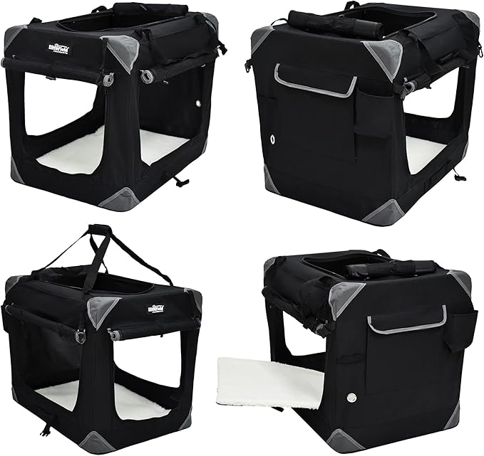 EliteField 4-Door Folding Soft Dog Crate with Curtains, Carrying Bag and Fleece Bed (2 Year Warranty), Indoor & Outdoor Pet Home (24" L x 18" W x 21" H, Black+4 Door Curtains)