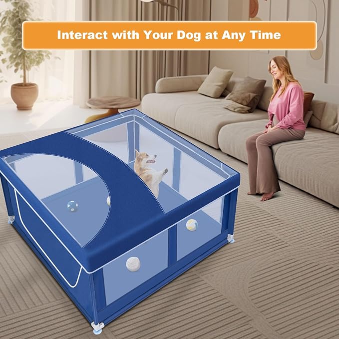 42x42 Inches Puppy Playpen with Top Cover, Dog Playpen for Small or Puppy Dogs, Pet Playpen for Indoor & Outdoor, Sturdy Safety Dog Crate with Durable Mesh Windows, Blue