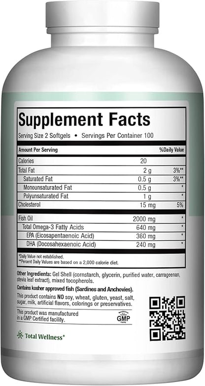Omega 3 Supplement - Omega-3 Fish Oil 2000mg - Natural Source of EPA & DHA - Heart, Brain & Joint Health - Kosher Certified Wild Caught Marine Fish - 200 Vegetarian Softgels by Maxi Health