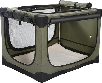 30-Inch Collapsible Travel Dog Crate, Portable 4-Door Soft Kennel for Medium to Large Dogs, Chew-Proof Mesh Windows, Indoor/Outdoor Use, Foldable, with Storage Bag (Green)