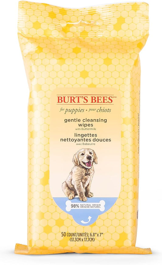 Burt's Bees for Pets Gentle Cleansing Puppy Wipes with Buttermilk, 98% Natural Origin Formulas, Hypoallergenic Dog Wipes Cleaning, Dog Cleaning Wipes, Dog Wipes for Paws and Butt, 50ct