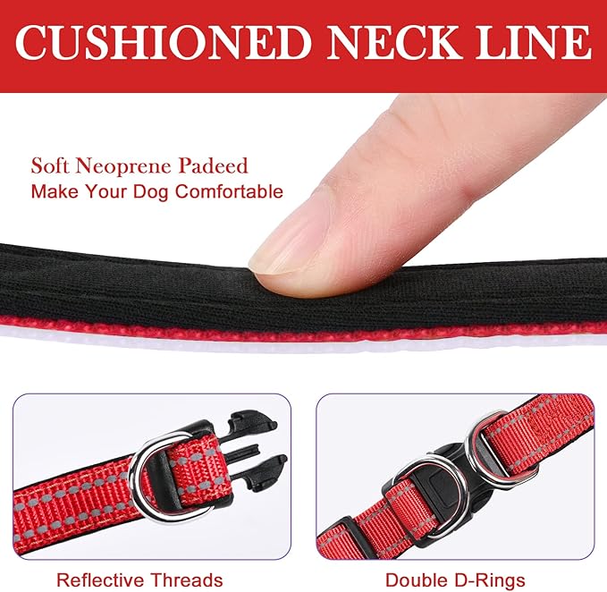AUAUY Reflective Nylon Dog Collars, Adjustable Classic Pet Collars with Soft Neoprene Padding, Double Security Dual D-Ring and Quick Release Buckle for Small Puppy, Medium and Large Dogs (Red-L)