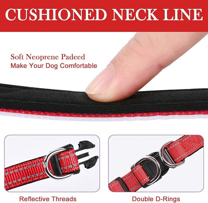 AUAUY Reflective Nylon Dog Collars, Adjustable Classic Pet Collars with Soft Neoprene Padding, Double Security Dual D-Ring and Quick Release Buckle for Small Puppy, Medium and Large Dogs (Red-L)