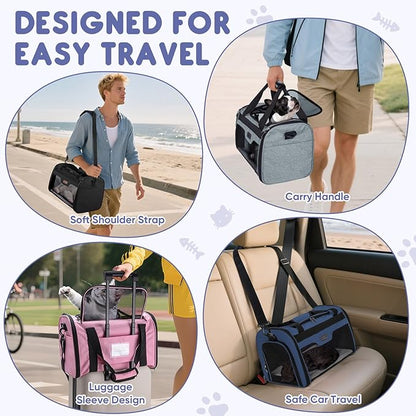 BALEINE Cat Carrier, Puppy Dog Carrier for Small Medium Pets Up to 22 Lbs, Soft-Sided Dog Travel Bag with Safety Zippers, Collapsible Pet Carrying Case (Pink, XL, 19"x12"x12")